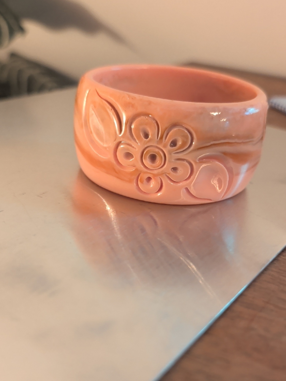Vintage Peach Marbled Carved Bangle